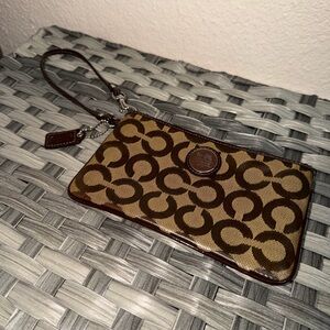 Coach Signature C Jacquard Wristlet Clutch Brown Tan Leather Trim
